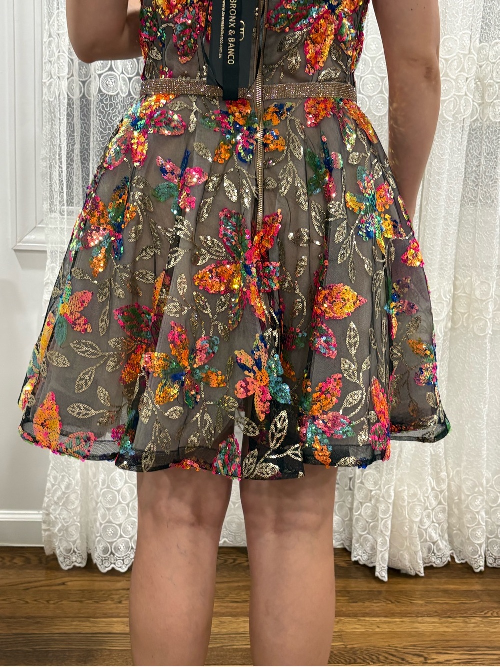 Bronx and Banco Brown Mini Dress with Multicolor Sequin Floral Embroidery - Picture 15 of 16